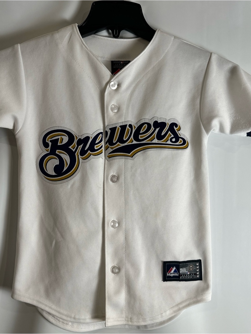 Majestic Kids White Brewers Button-Front Jersey with Navy & Gold Script